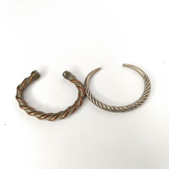 Metal Twist Cuff Bracelets Silver Bronze Classic Unisex Minimalist Set 2 Modern - Picture 1 of 7